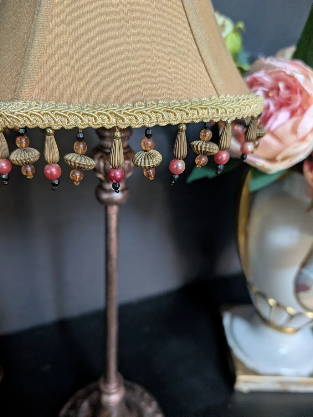 Vintage Petite Hollywood Regency Boudoir Lamp, Rose Gold Ornate base, Bead Shad